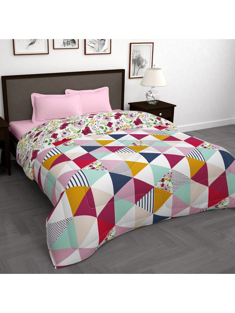 Story@Home Polyester Microfibre 180 Gsm Pink Geometric Double Reversible Comforter Queen-image-6