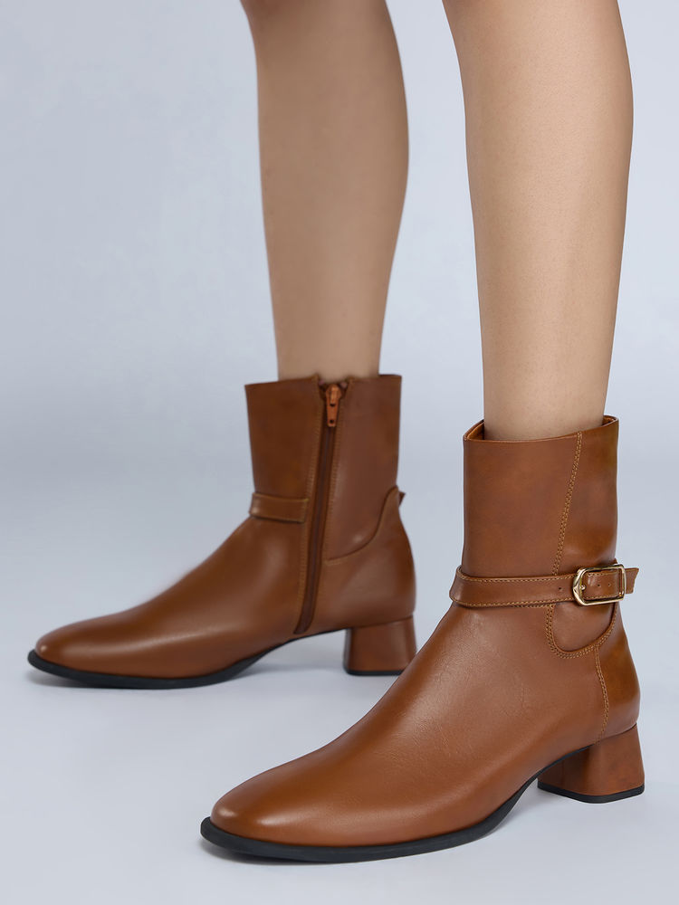 Twenty Dresses by Nykaa Fashion Tan Square Toe Buckle Detail Block Heel Boots for Women-image-35