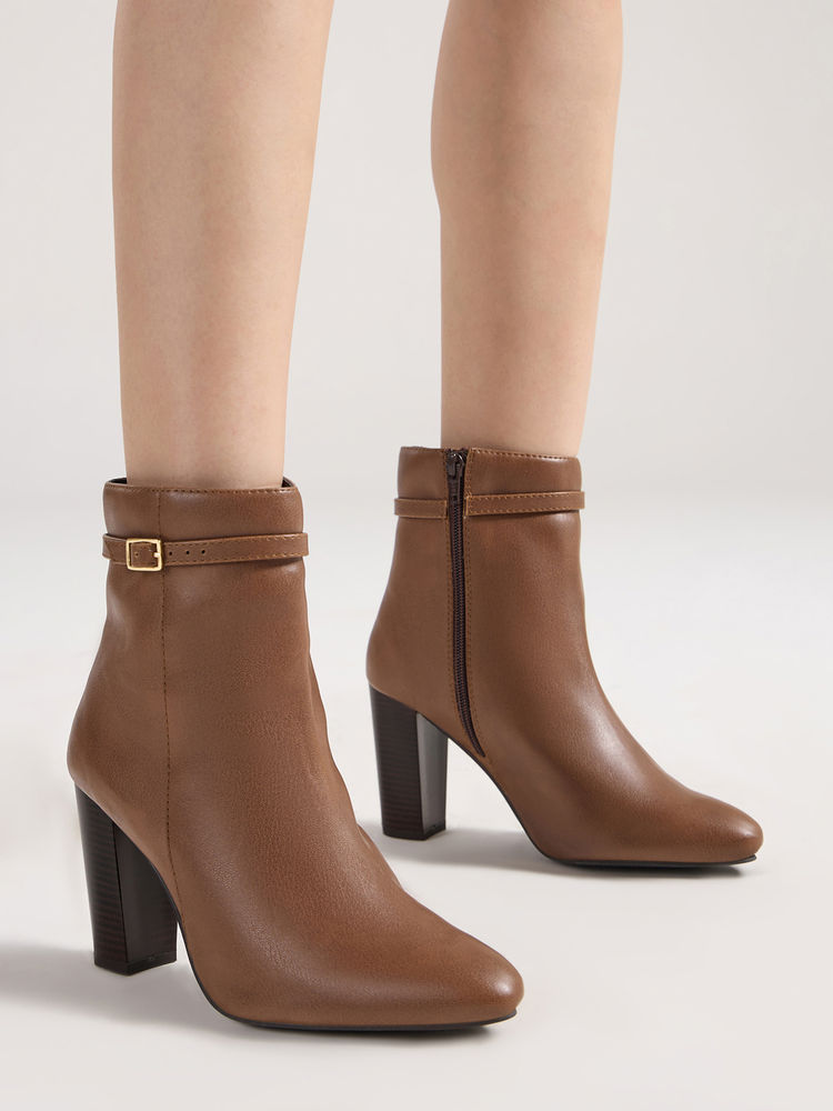 Twenty Dresses by Nykaa Fashion Tan Almond Toe Buckle Detail Womens Block Heel Ankle Boots-image-44