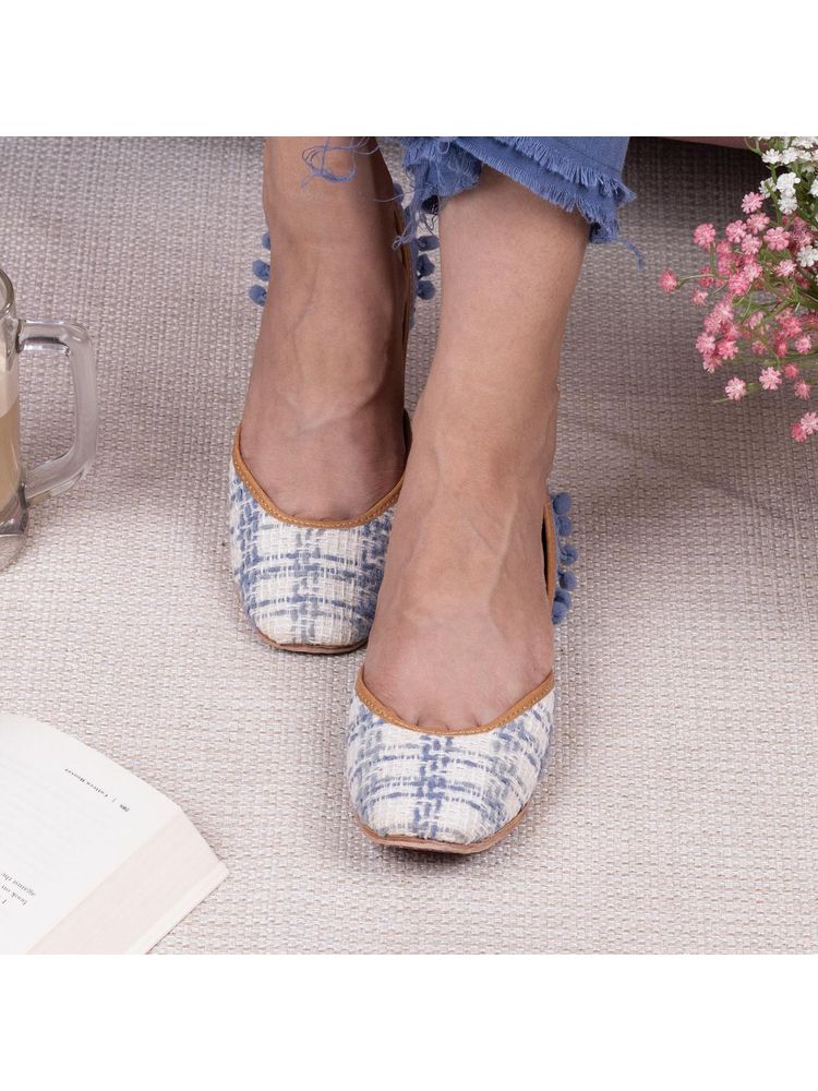 Coral Haze White And Denim Blue Jacquard Juttis With Pom Pom Lace Detailing At The Back-image-6