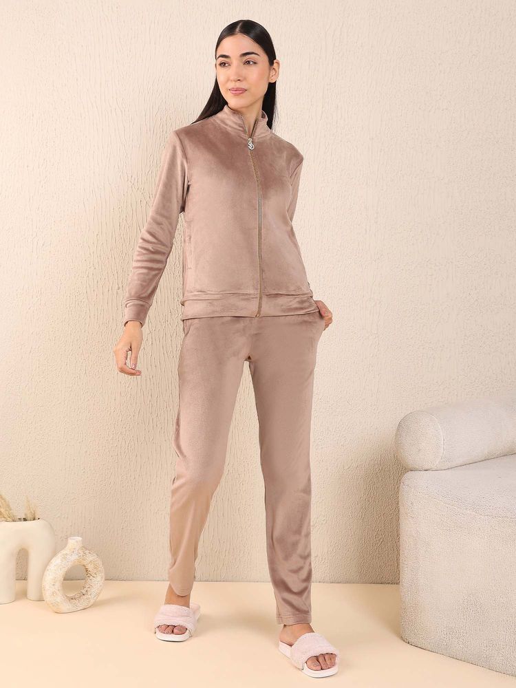 Sweet Dreams Womens Velour Spandex Front Open Beige Jacket with Trouser-picture-36