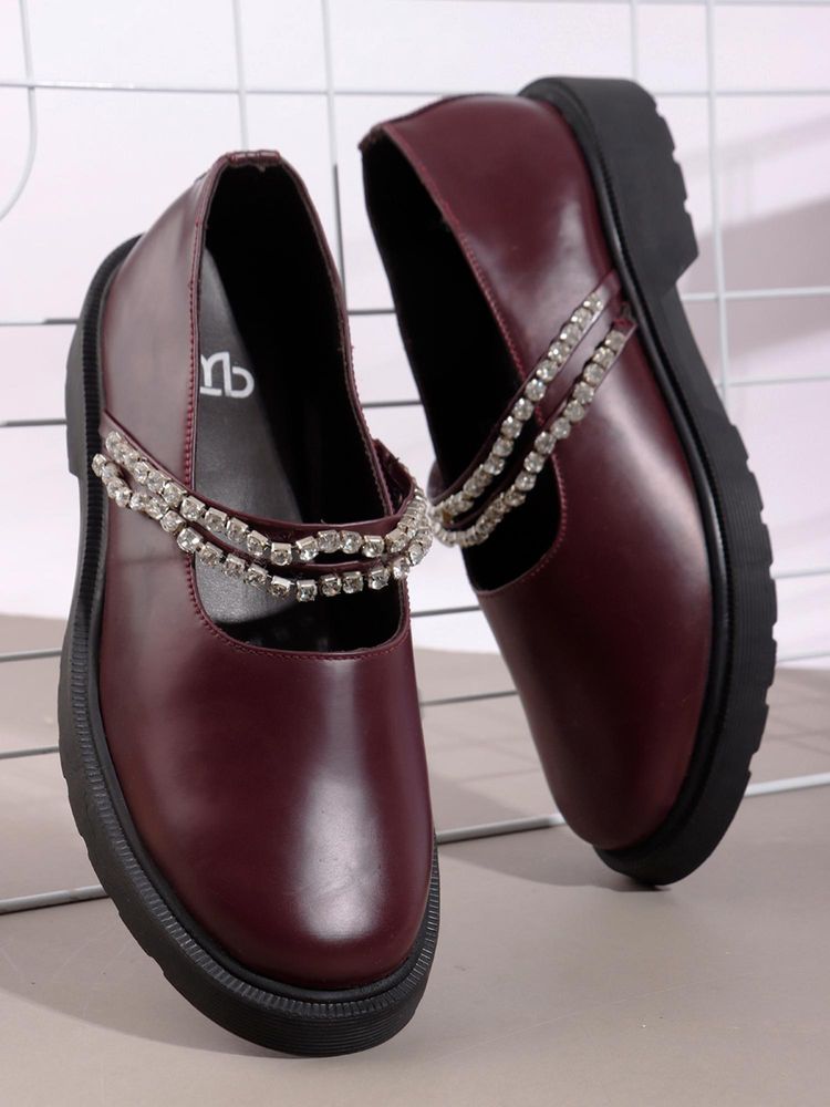 The White Pole Maroon Embellished Trendy Flat Loafers for Women-picture-12