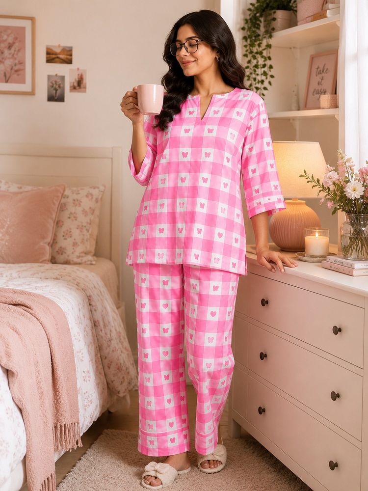 Noite Luxe Pink Picnic Kurti with Pajama-picture-14