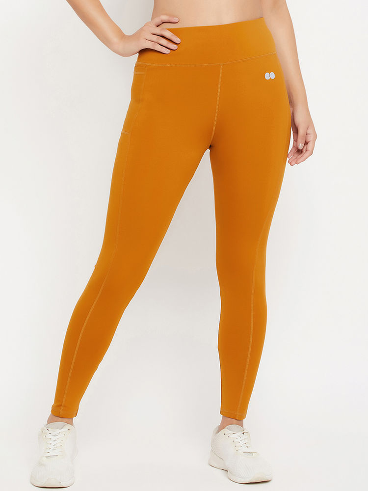 Clovia High Rise Active Tights in Mustard Yellow with Side Pocket-picture-24
