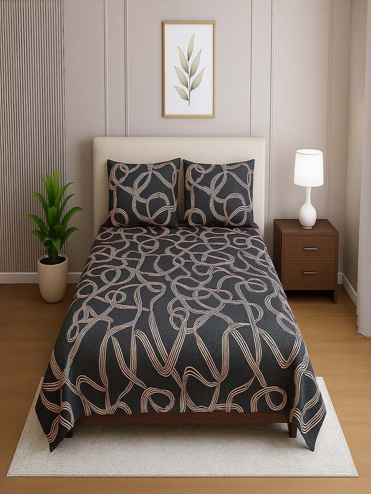 Threadwear Dark Grey Abstract 210 Tc Mix Cotton Flat Single Bedsheet with Pillow Covers-image-41