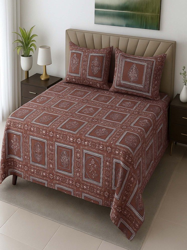 Threadwear Carrot Floral 400 Tc Cotton Flat Queen Bedsheet with Pillow Covers-picture-23