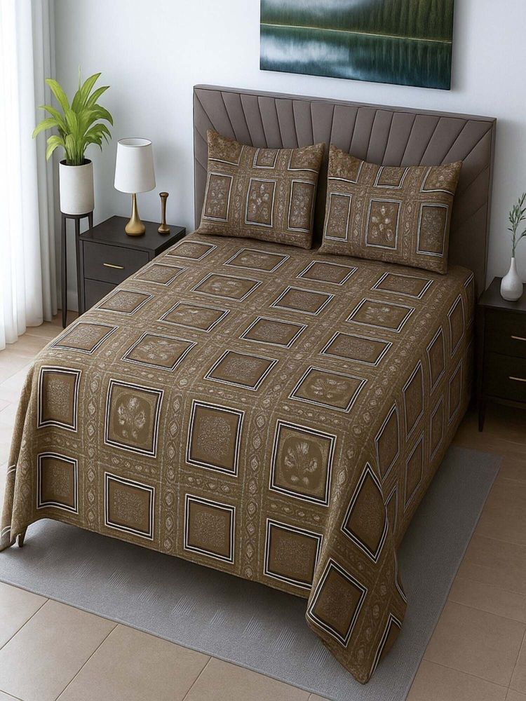 Threadwear Mud Brown Floral 400 TC Cotton Flat Queen Bedsheet with Pillow Covers-picture-10