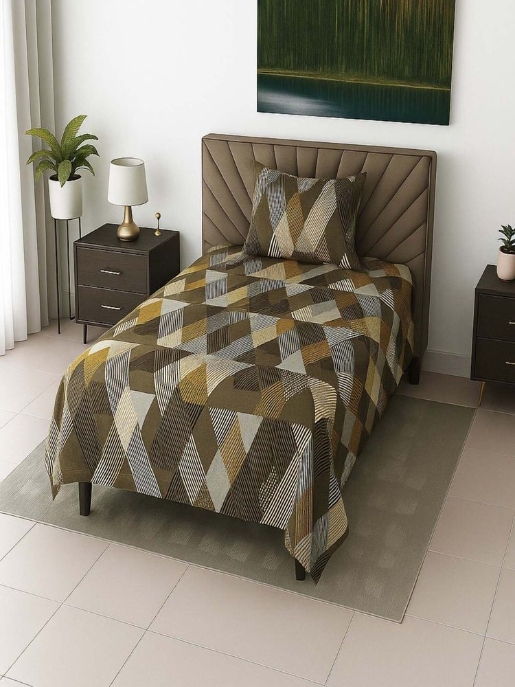 Threadwear Brown Geomertrical 210 TC Mix Cotton Flat Single Bedsheet with Pillow Cover-picture-19