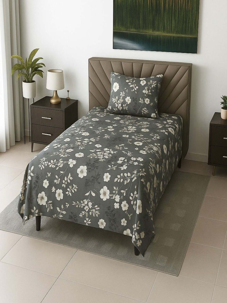Threadwear Dark Chocolate Floral 210 TC Mix Cotton Flat Single Bedsheet with Pillow Cover-picture-16