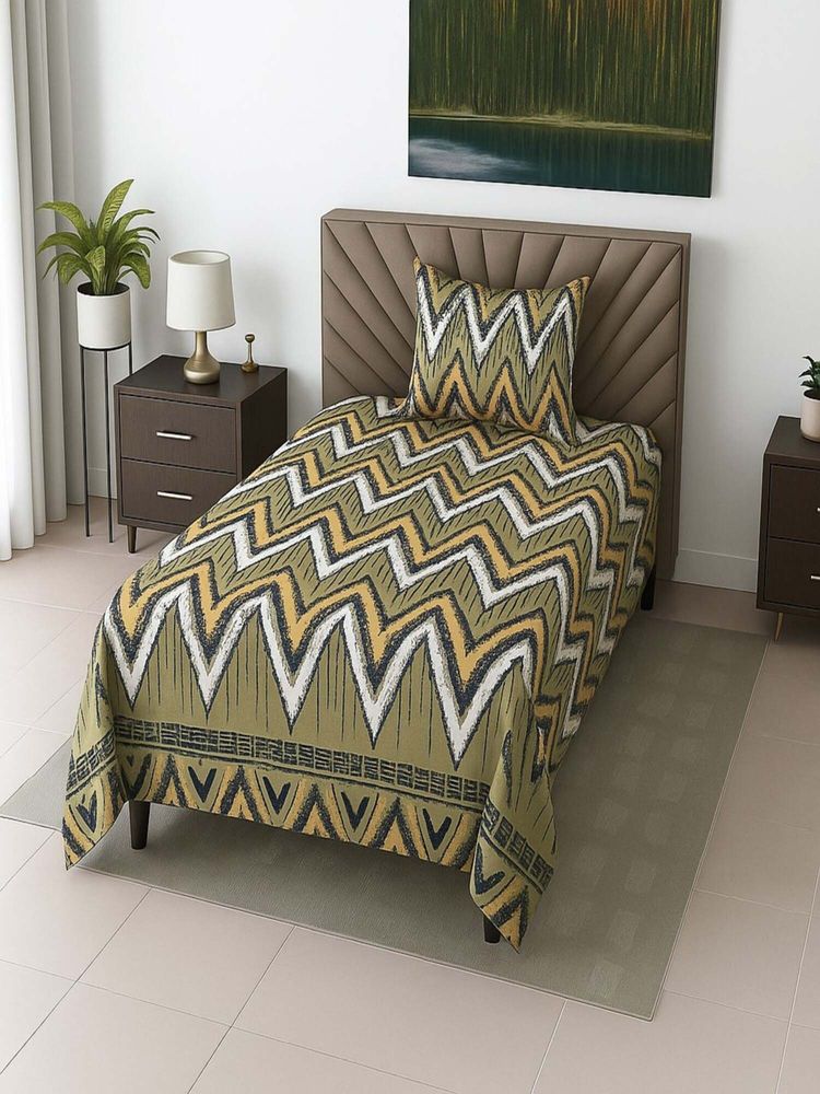Threadwear Green Abstract 210 TC Mix Cotton Flat Single Bedsheet with Pillow Cover-picture-26