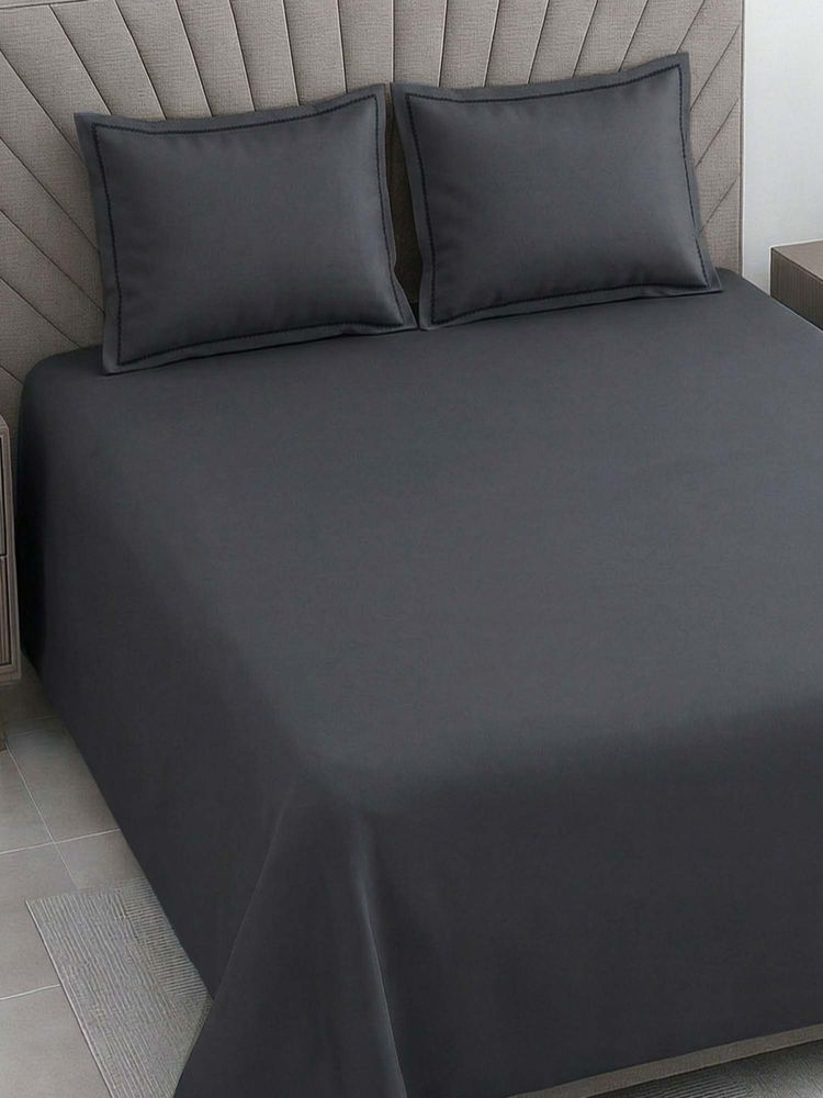Threadwear Grey 400 TC Cotton Satin Flat Super King Bedsheet with Pillow Covers-image-22