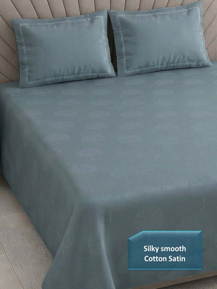 Threadwear Green Solid Plain 500 TC Cotton Satin Super King Bedsheet with Pillow Covers-image-2
