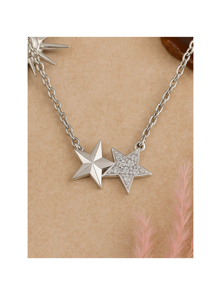 Estele Silver Finish Gehena Stylish Lightweight Charm Twin Star Necklace-image-34