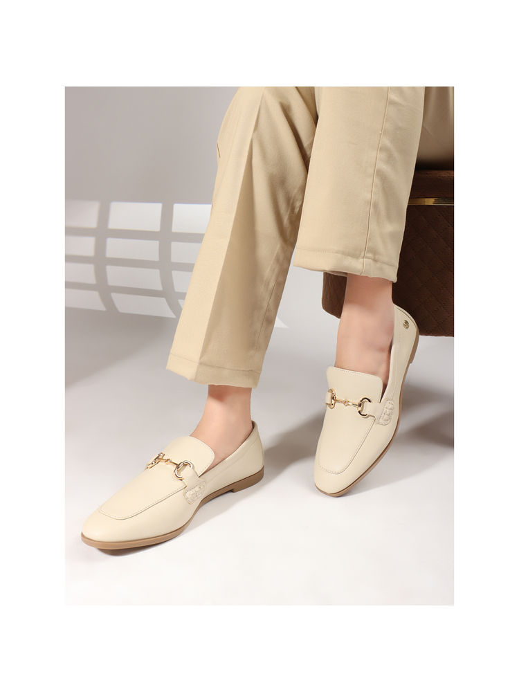 ELLE Beige Solid Slip-On Women Horsebit Loafers-image-16