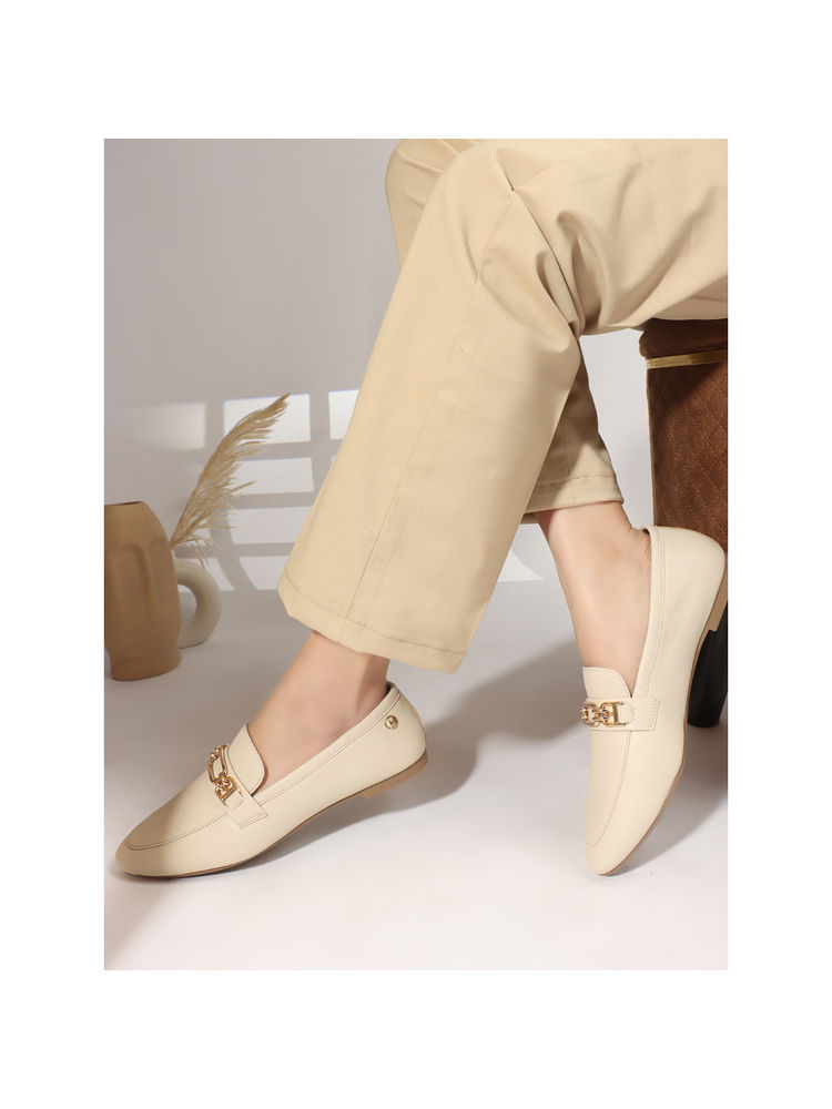 ELLE Beige Solid Slip-On Women Horsebit Loafers-image-15