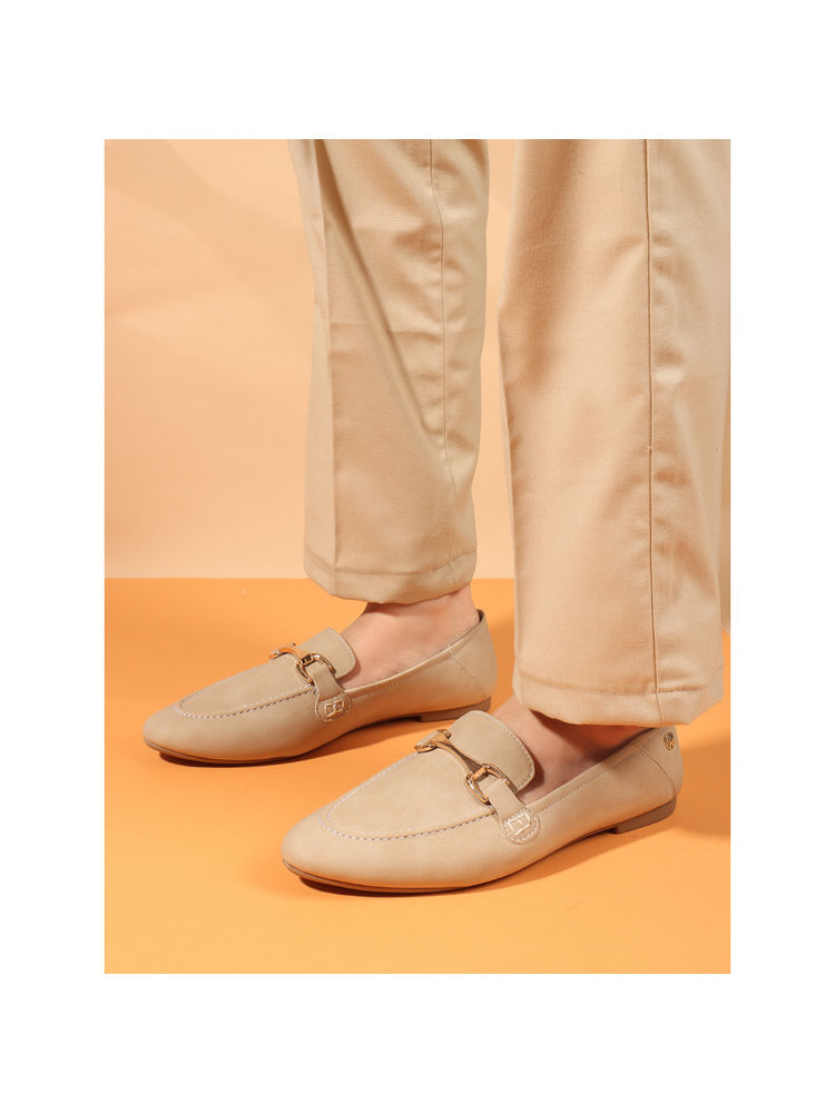 ELLE Beige Solid Slip-On Women Horsebit Loafers-picture-32