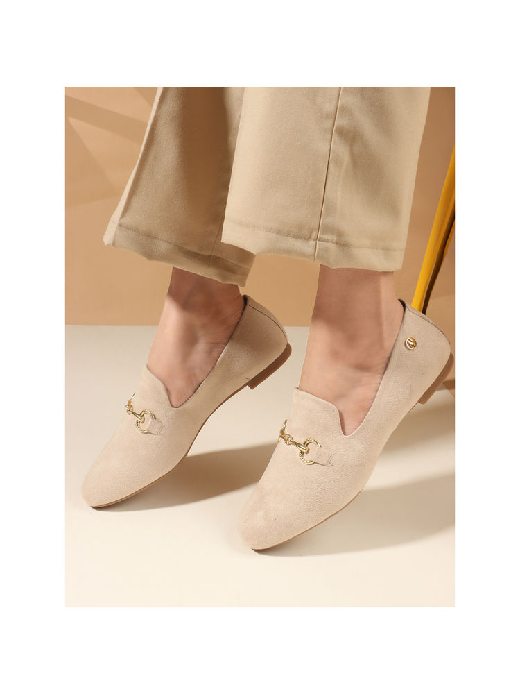 ELLE Beige Solid Slip-On Women Horsebit Loafers-picture-38