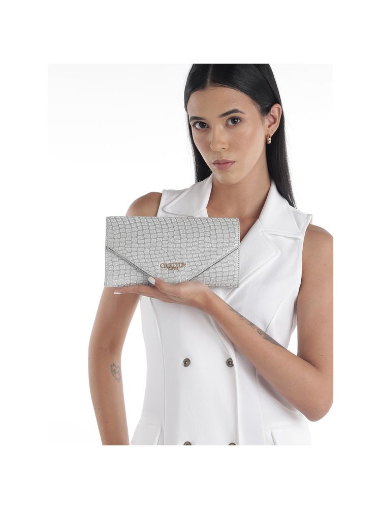 Carlton London Silver Croc-Texture Glitter Envelope Clutch-image-13