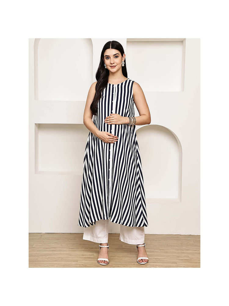 Secret Wish Navy Blue Striped Rayon Maternity Kurta with Pant-image-35