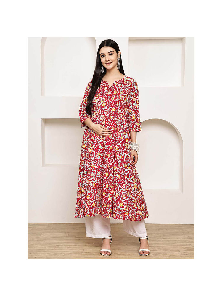 Secret Wish Red Floral Cotton Maternity Kurta with Pant
