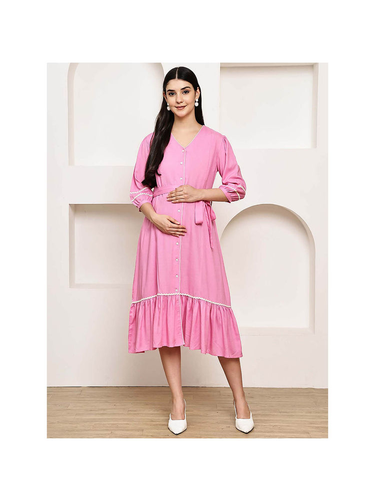 Secret Wish Pink Solid Rayon Maternity Dress with Belt-picture-26