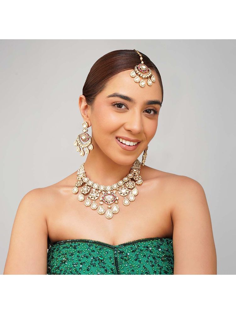 Beryachi Pink Inaya Kundan Polki Necklace with Earrings & Maangtikka-image-28