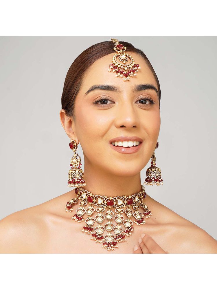 Beryachi Vihana Layered Kundan Ruby Necklace with Earrings & Maangtikka-picture-21