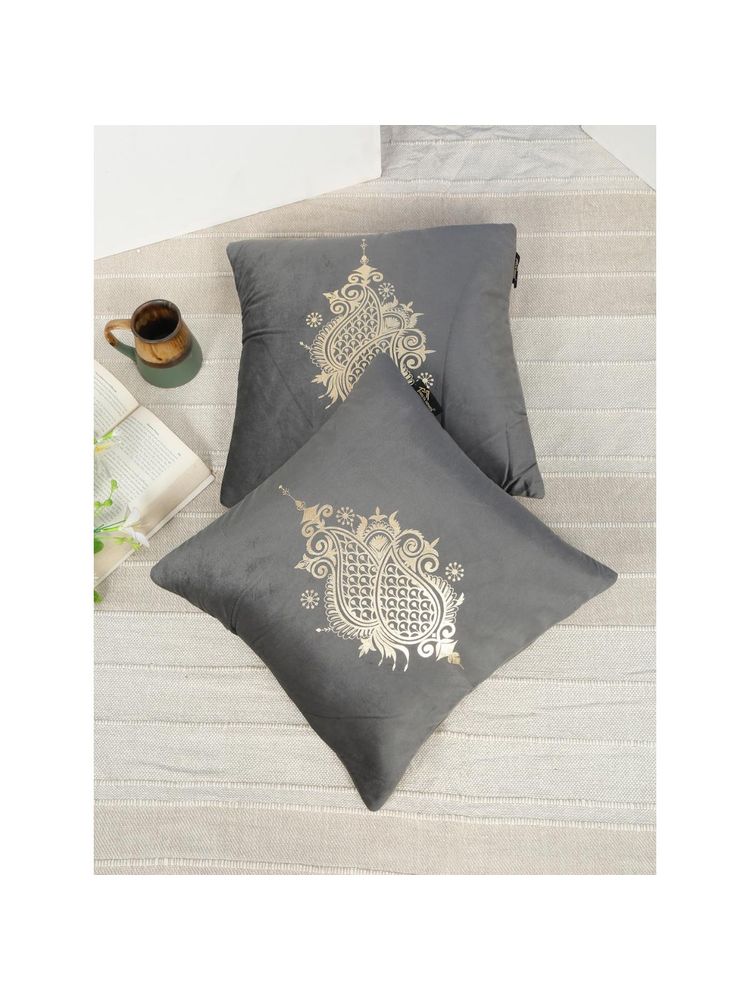 HOSTA HOMES Soft Velvet Golden Foil Ethnic Printed Cushion Covers - Grey (16 x 16 Inches)-picture-16