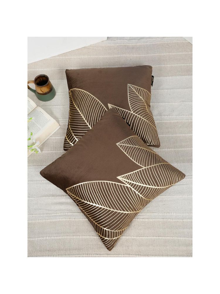HOSTA HOMES Soft Velvet Golden Foil Nature Printed Cushion Covers - Brown (16 x 16 Inches)-image-5