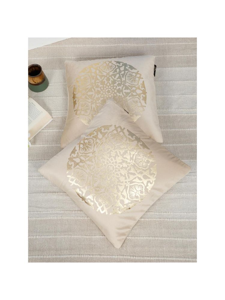 HOSTA HOMES Soft Velvet Golden Foil Ethnic Printed Cushion Covers - Cream (16 x 16 Inches)-image-3