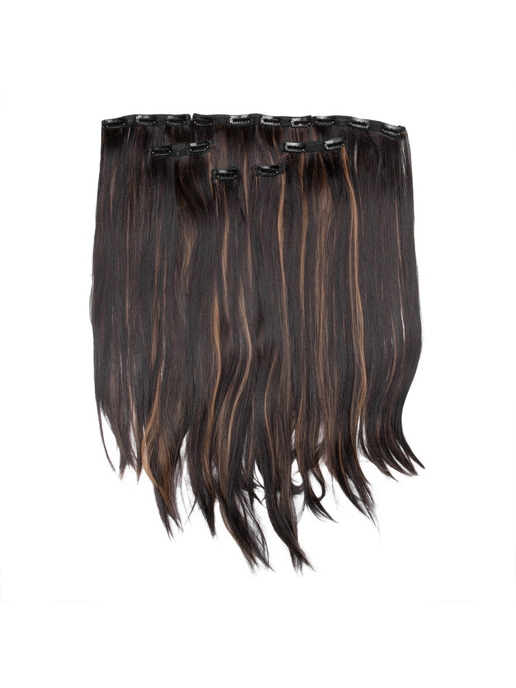 Stasia Street 24Inch 7 Set Clip-In Volumizer Dark Brown Hair Extensions With Golden Brown Highlights