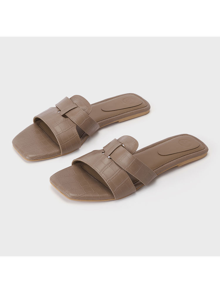Twenty Dresses by Nykaa Fashion Taupe Square Toe Croc Texture Flats For Women-image-24