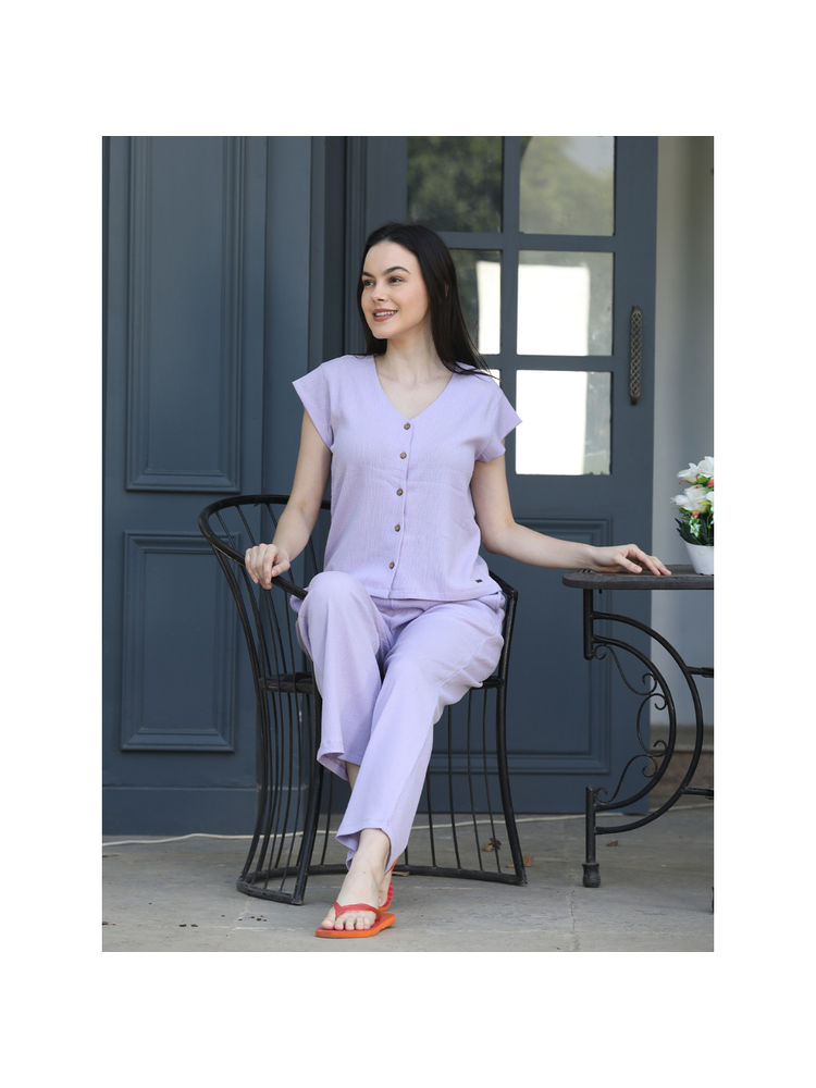 MAYSIXTY Women Pure Poly Crinkle Solid V Neck Blue Short Sleeve Top with Pyjama (Set of 2)-image-6