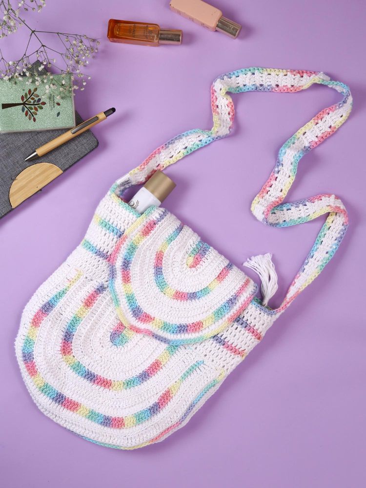 Magic Needles Handmade Crochet Self Design Sling Bag - White-picture-20