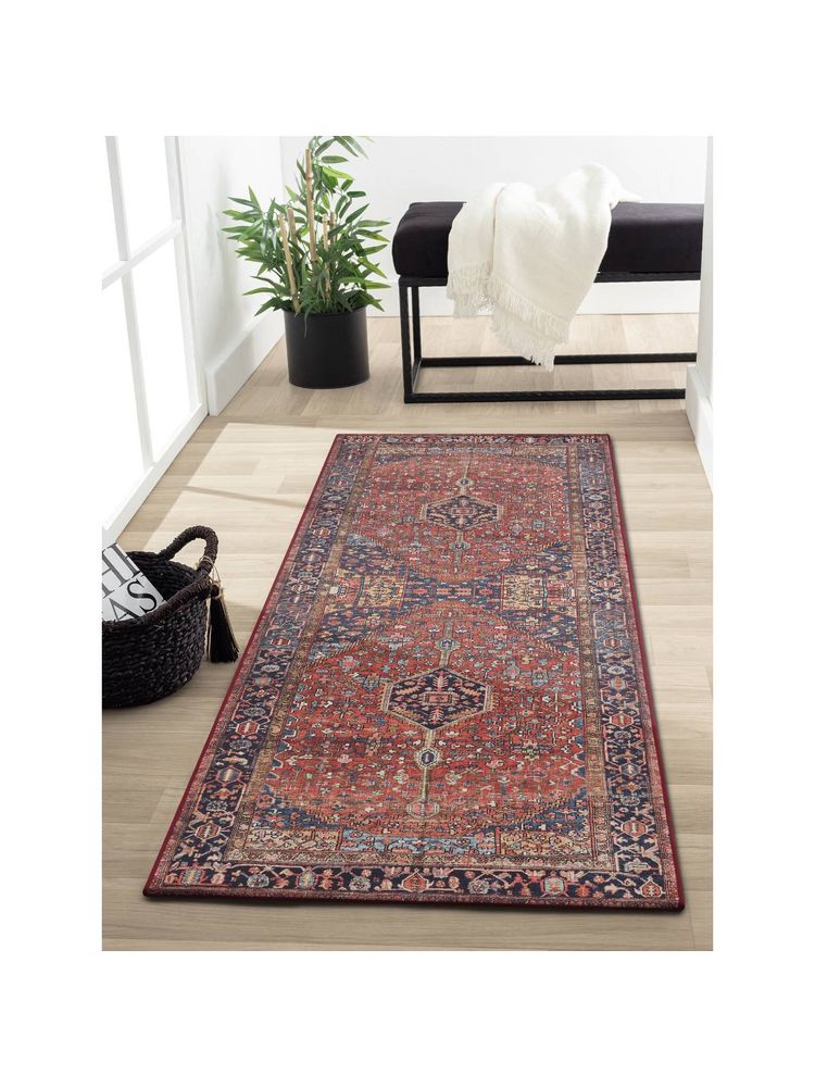 OBSESSIONS Rust and Navy Blue Polyester Ethnic Floor Runner-picture-12