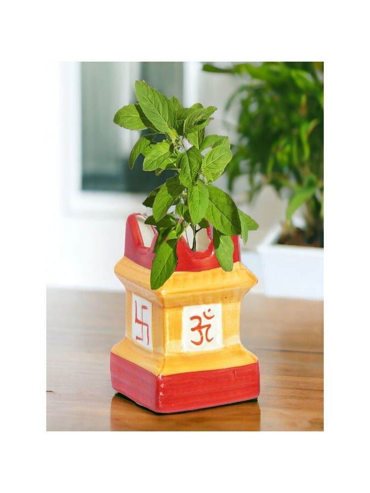 Ecofynd 5 Inches Yellow Tulsi Ceramic Plant Pots-picture-0
