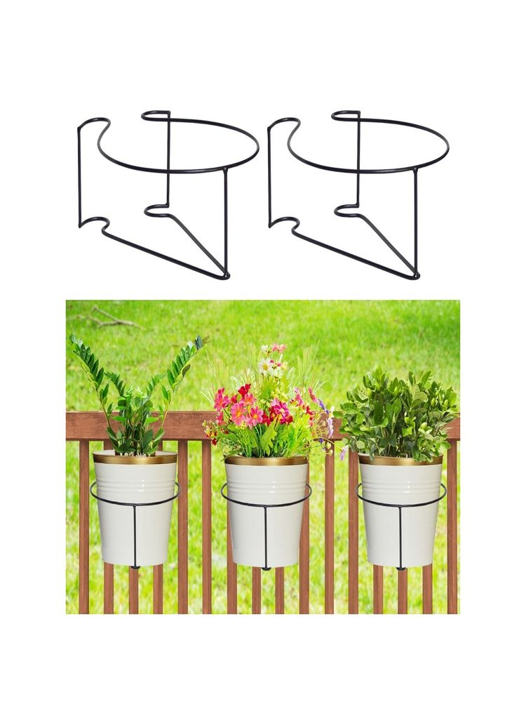 Ecofynd Pack Of 2, Round Metal Hanging Flower Pot Stand for Railing Planters-image-45
