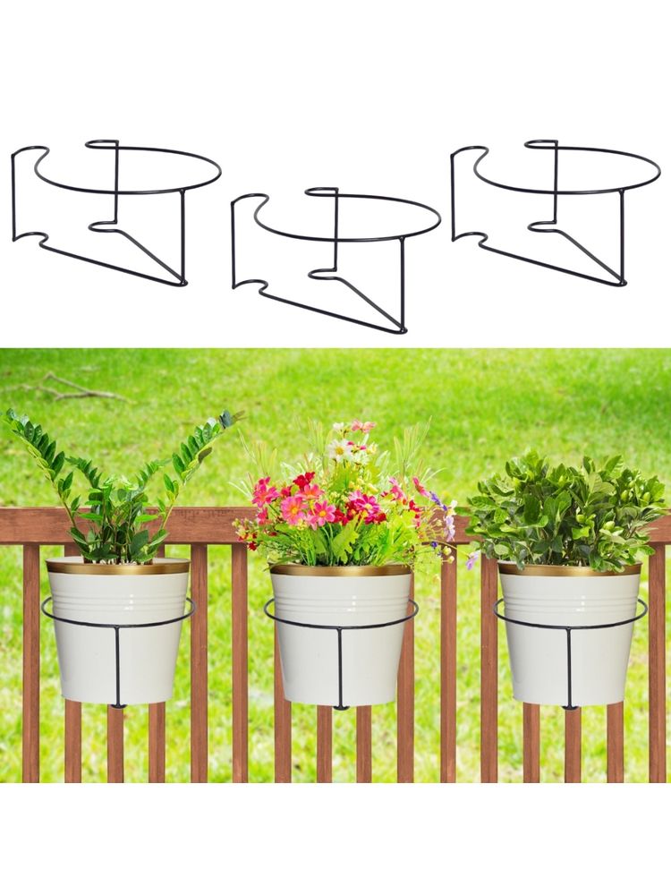 Ecofynd Pack Of 3, Round Metal Hanging Flower Pot Stand for Railing Planters-image-5