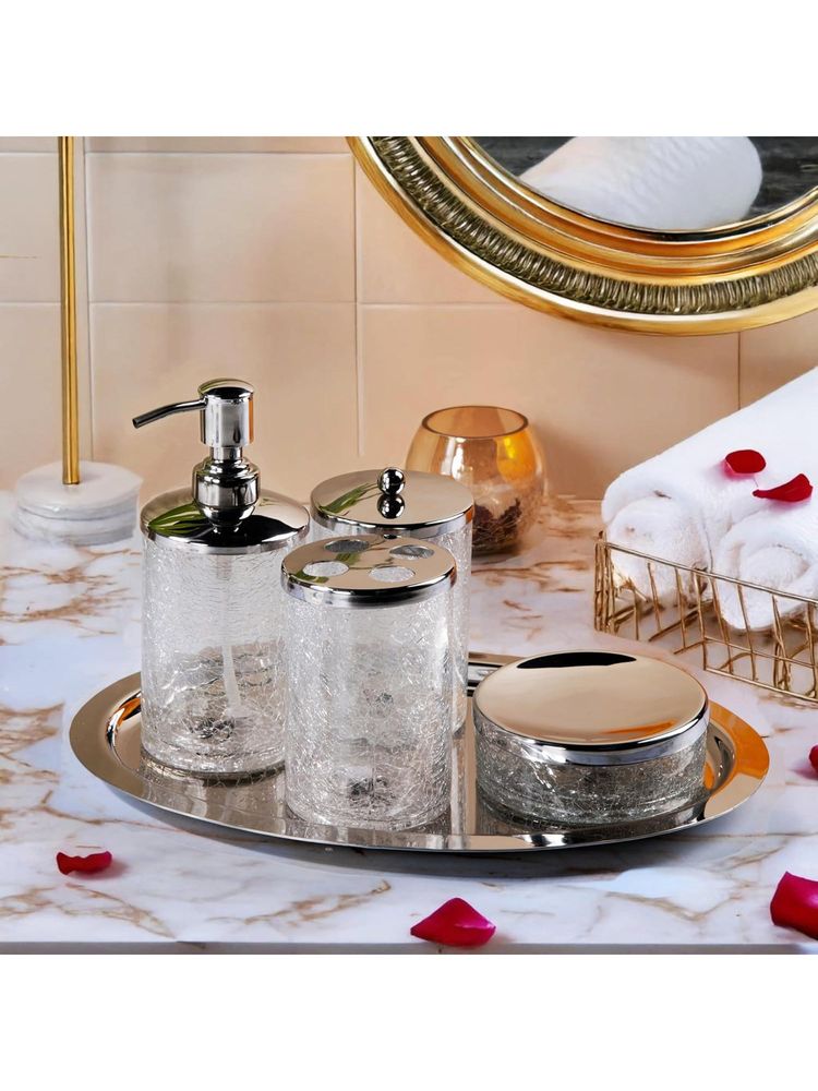 Gibox Crackle Glass & Steel Bathroom Set 5 Pc Bath Accessories-picture-11
