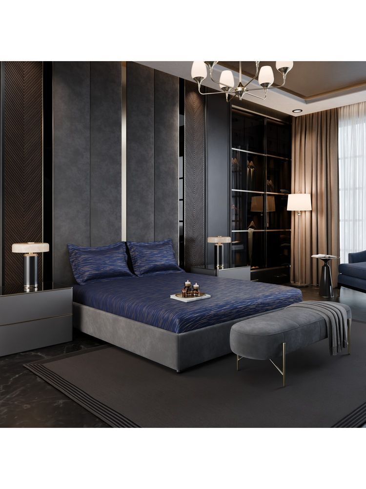 Stoa Paris Panache Sparkle 350 TC Navy King Fitted Bedsheet With 2 Pillow Covers (Super King)-image-25