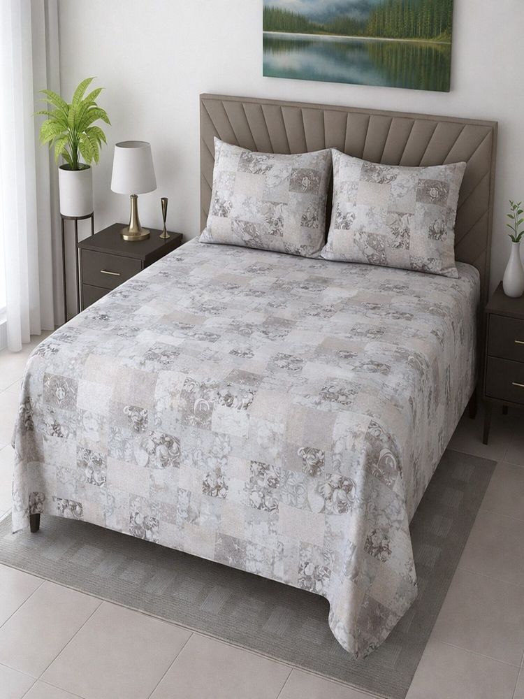 Threadwear Grey Floral 400 TC Cotton Flat Bedsheet With 2 Pillow covers (Super King)-image-46