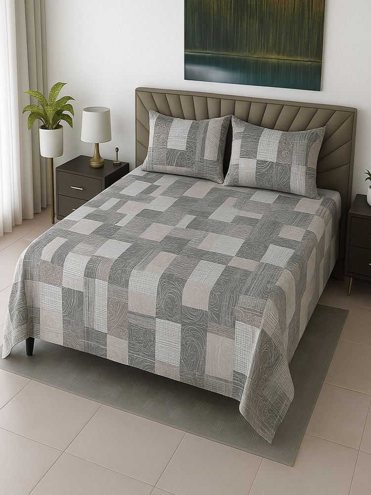 Threadwear Beige Floral 400 TC Cotton Flat Bedsheet With 2 Pillow covers (Super King)-image-45