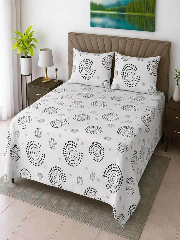 Threadwear White Geometric Cotton Flat Bedsheet With 2 Pillow cover (Super King)-image-16