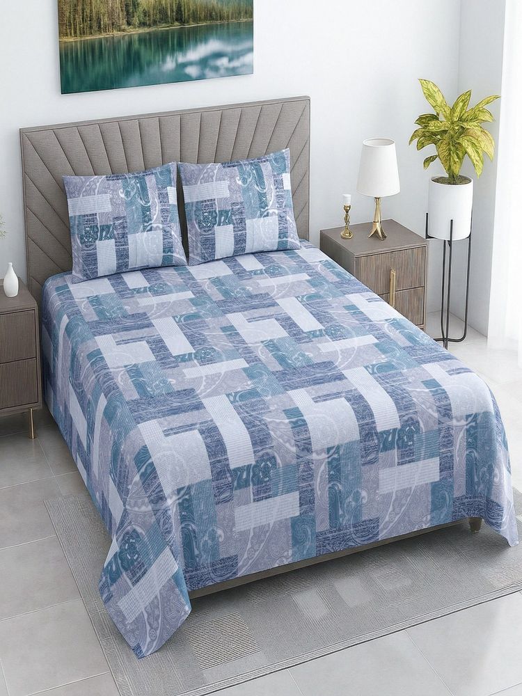 Threadwear Multicolor Geometric Cotton Flat Bedsheet With 2 Pillow cover (Super King)-image-1