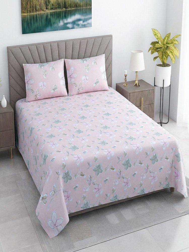 Threadwear Pink Floral 400 TC Cotton Flat Bedsheet With 2 Pillow cover (Super King)-image-9