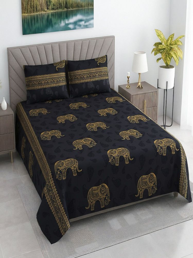 Threadwear Navy Blue Floral Cotton Flat Bedsheet With 2 Pillow cover (Queen)-image-28
