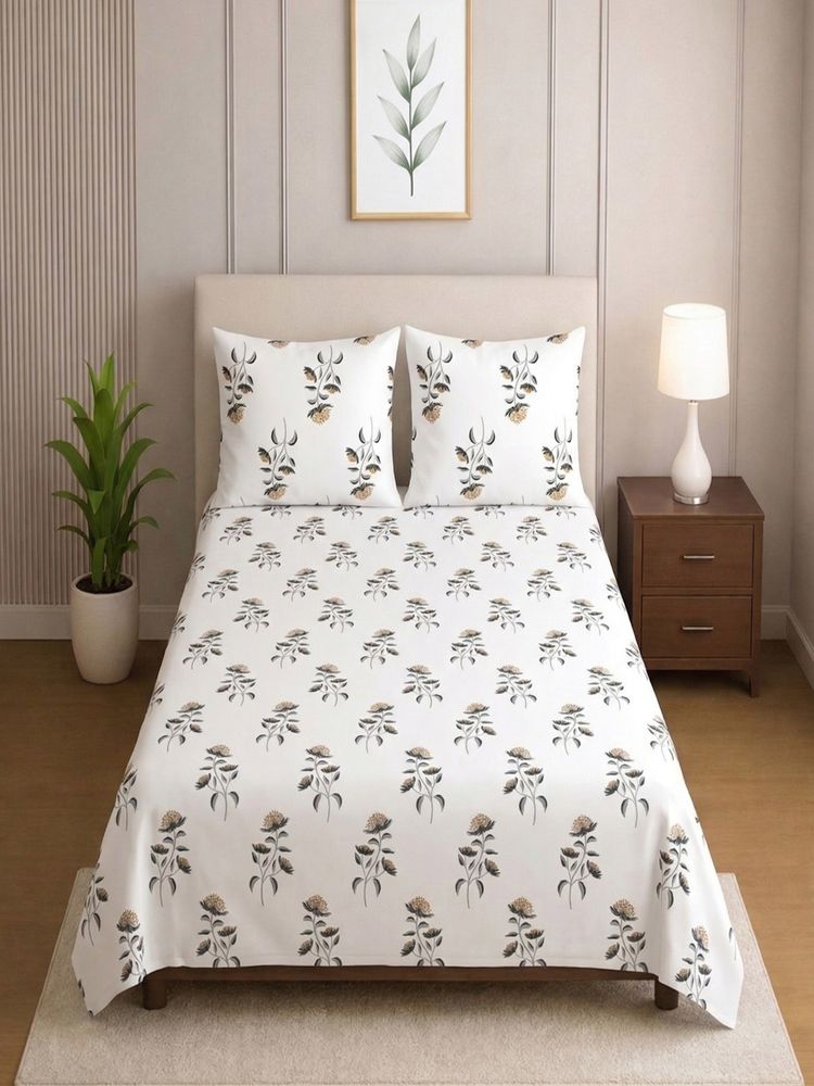 Threadwear White Floral 400 TC Cotton Flat Single Size Bedsheet With 2 Pillow cover (Single)-image-33