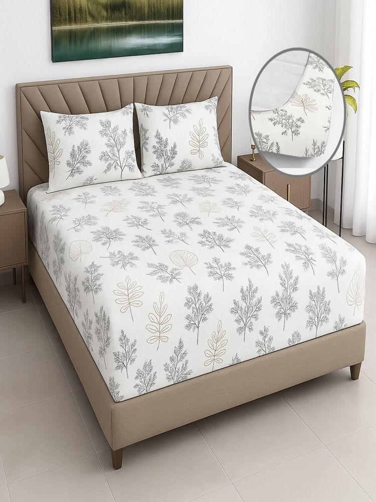 Threadwear White Floral 400 TC Cotton Fitted Bedsheet With 2 Pillow covers (Super King)-image-44