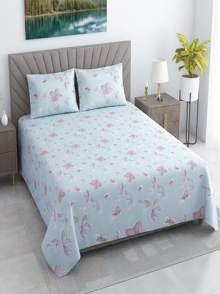Threadwear Green Shade Floral Cotton Flat Bedsheet With 2 Pillow cover (Queen)-image-30