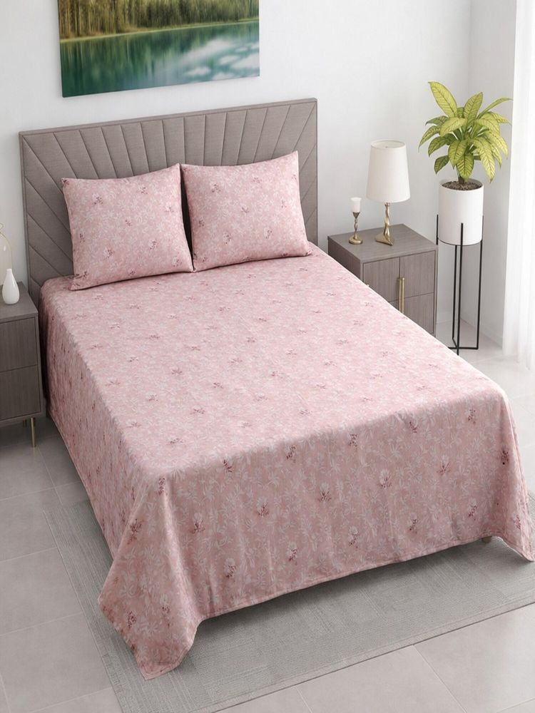 Threadwear Pink Floral 400 TC Cotton Flat Bedsheet With 2 Pillow covers (Queen)-image-0